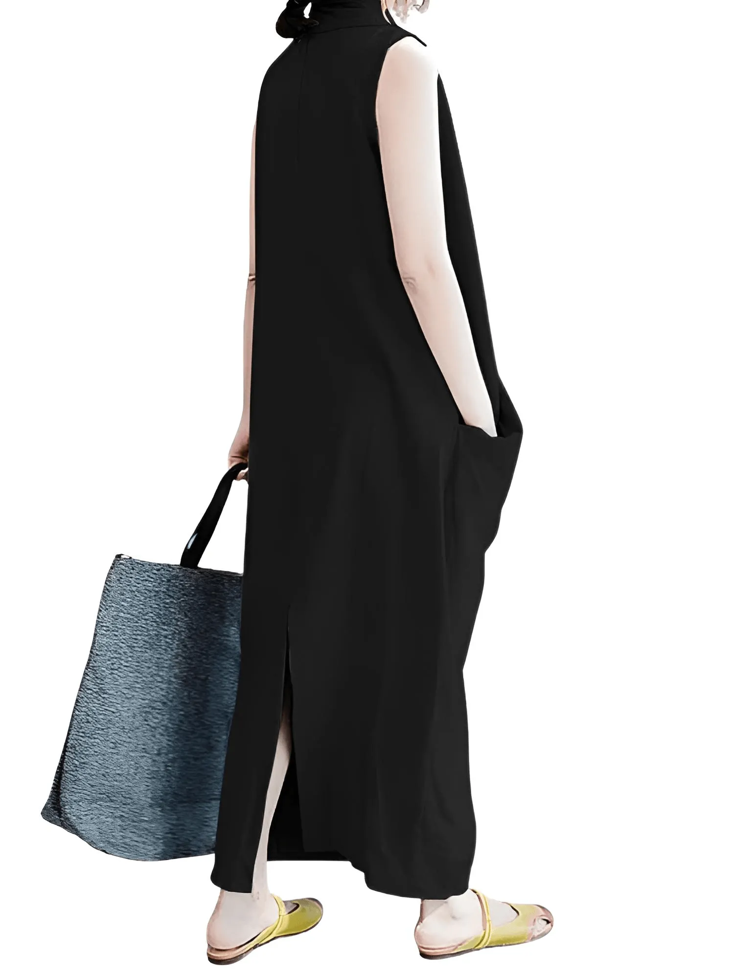 Women's Oversize Asymmetrical Maxi Dress V Neck Sleeveless Baggy Dress With Pockets