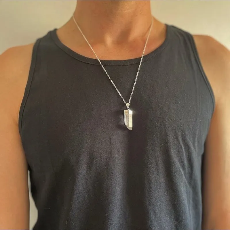 Xander Kostroma Men's Chunky 925 Sterling Silver Longer Length Raw Crystal Pendant Necklace – 54cm   Extension Healing Stone Necklace for Protection & Energy – Luxury Crystal Jewelry for Men